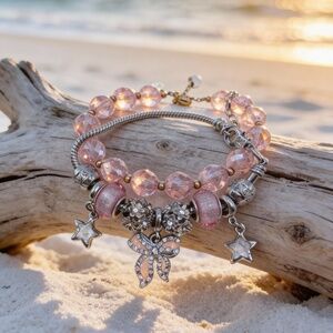 Elegant Pink and Silver Bow Charm Bracelet Set